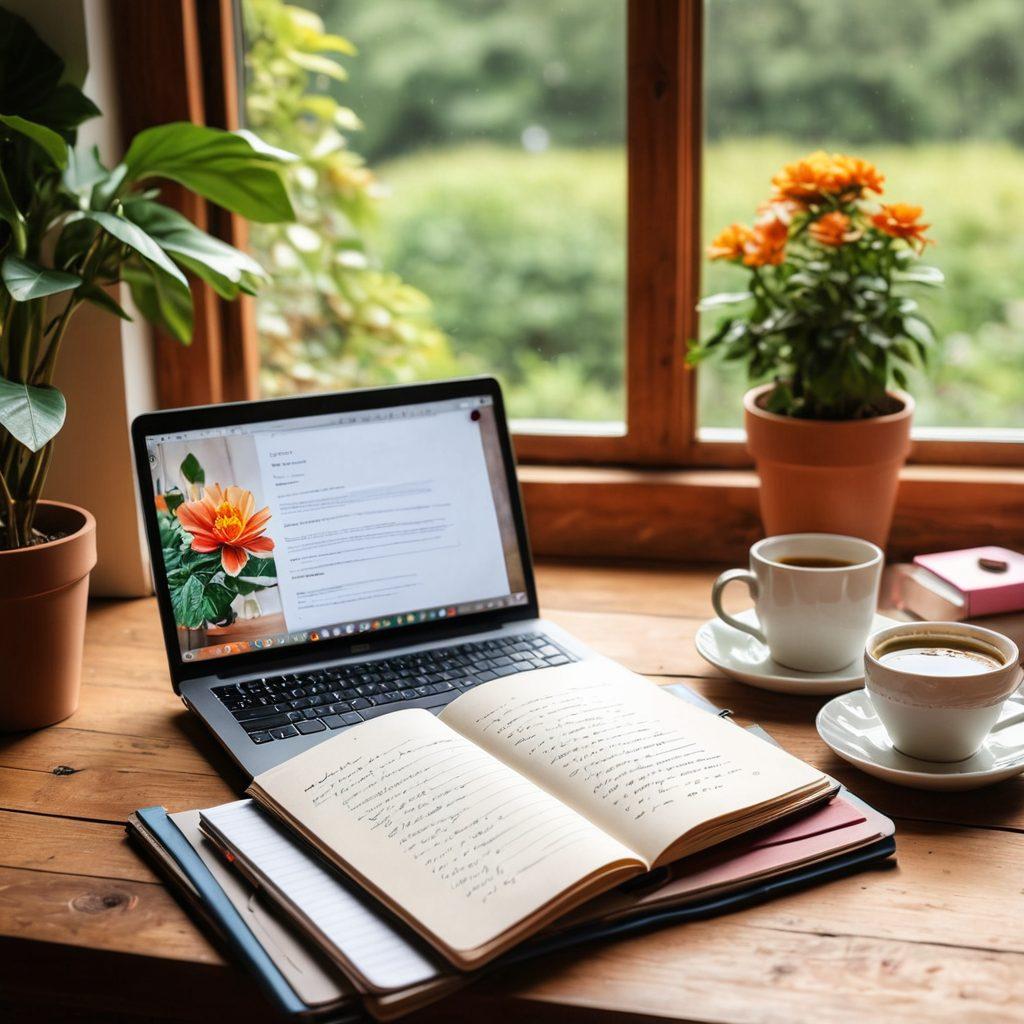 A beautifully designed laptop on a wooden desk with a handwritten journal, colorful stationery, and cups of coffee surrounding it. The scene should evoke a warm, inviting atmosphere that inspires creativity and content creation. Include a cozy window with sunlight pouring in and plants in the background, symbolizing growth and ideas. soft focus. warm colors. cozy interior.