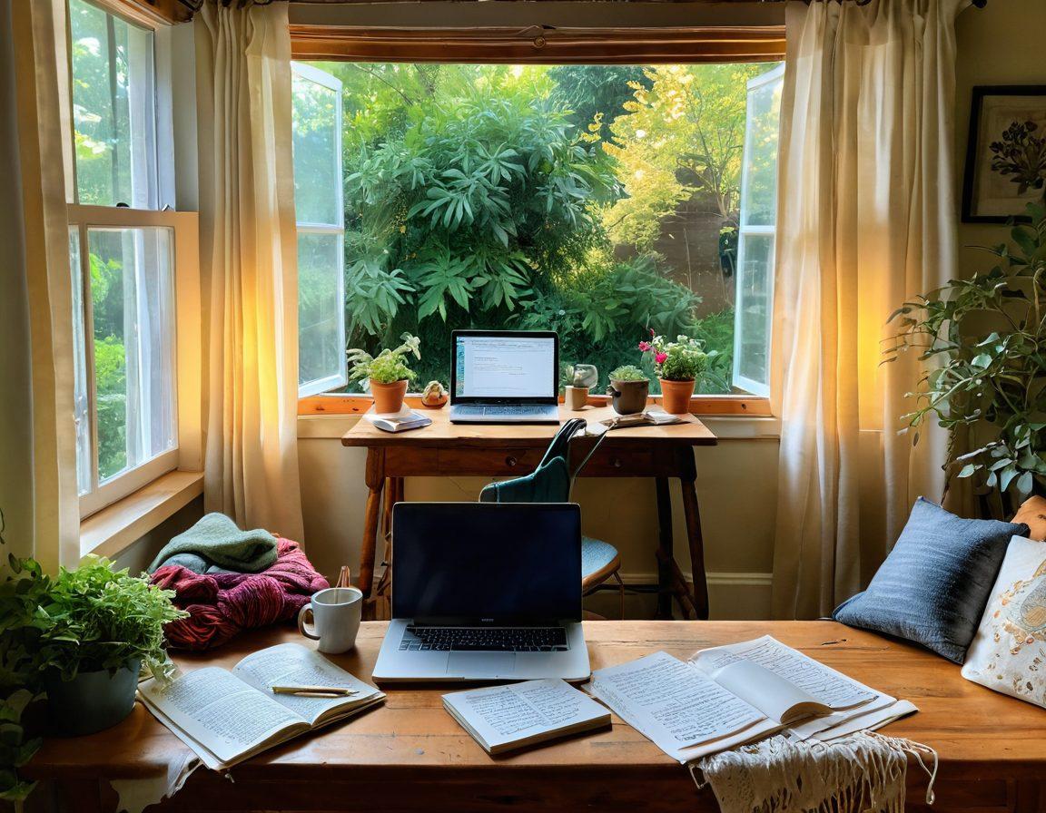 A cozy writing nook with an open laptop displaying a digital story, surrounded by spirit-infused yarns and weaving tools that symbolize creativity. Warm light illuminating handwritten reflections on paper scattered around, while a gentle breeze rustles sheer curtains. A window opens to a verdant garden inviting inspiration. Artistic elements capture the essence of storytelling through personal experiences. vibrant colors. cozy atmosphere.