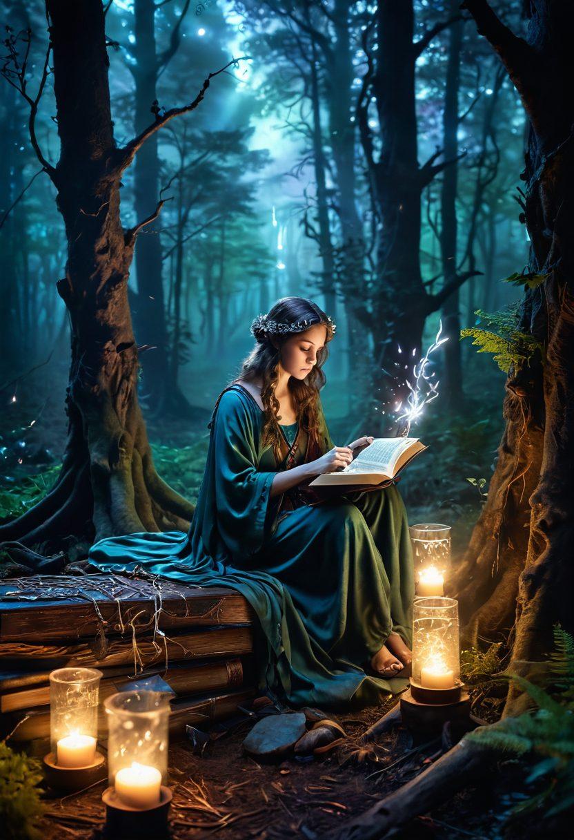 An ethereal figure writing in a mystical forest, surrounded by glowing runes and swirling mist. The scene captures the essence of inspiration with floating quills and open, ancient books. A dark yet enchanting color palette infuses the image with mystery, accented by twinkling stars peeking through the trees. The atmosphere invites creativity and imagination. super-realistic. vibrant colors. fantasy art.